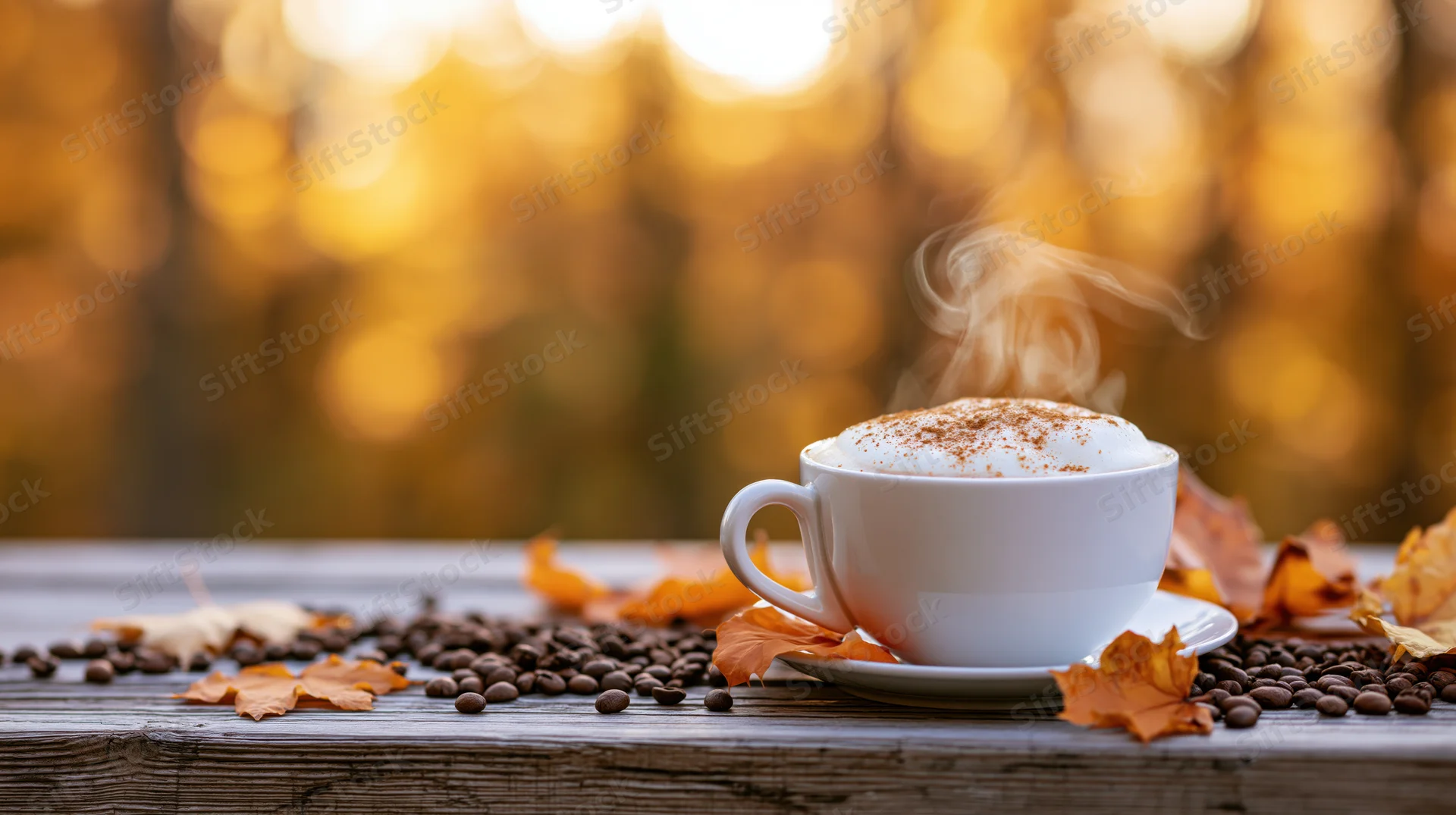 Steaming cappuccino in a white ceramic cup on a wooden table surrounded by autumn leaves and coffee beans outdoors
