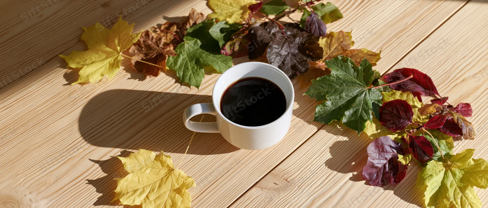 White ceramic mug filled with black coffee surrounded by autumn leaves on a wooden table