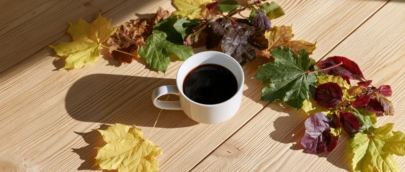 White ceramic mug filled with black coffee surrounded by autumn leaves on a wooden table