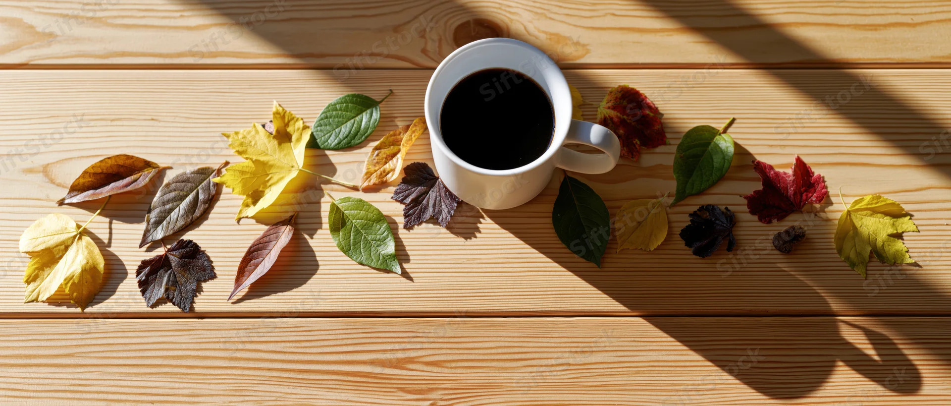 White ceramic mug filled with black coffee surrounded by colorful autumn leaves on a wooden table