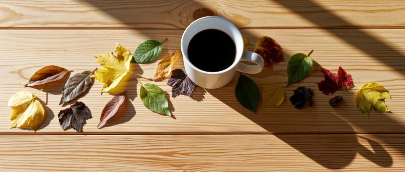 White ceramic mug filled with black coffee surrounded by colorful autumn leaves on a wooden table