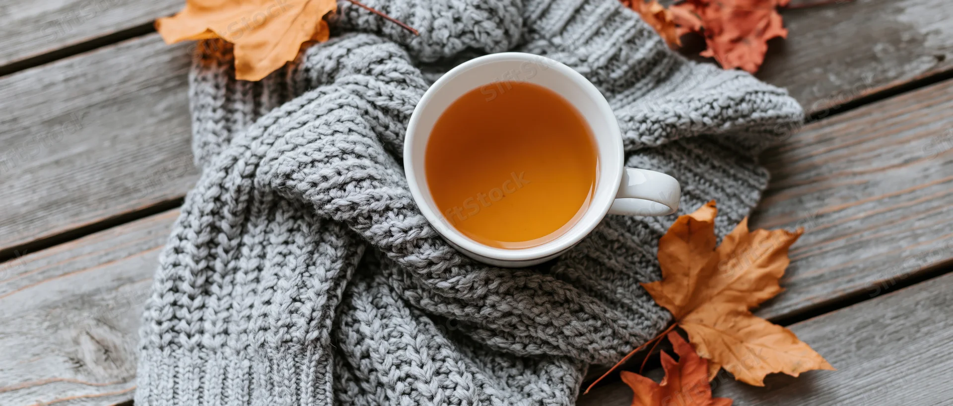 White ceramic mug of amber tea resting on a gray knitted sweater with autumn leaves on a wooden deck