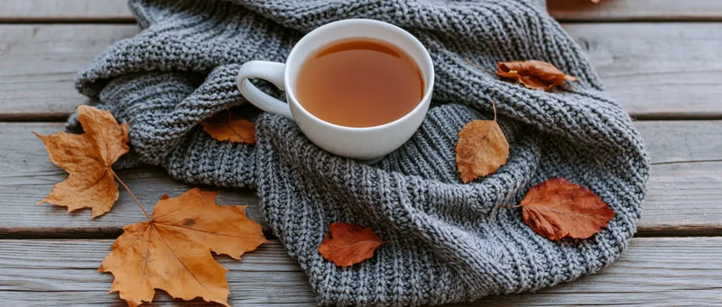 White ceramic mug of amber tea resting on a gray knitted sweater with autumn leaves on a wooden table