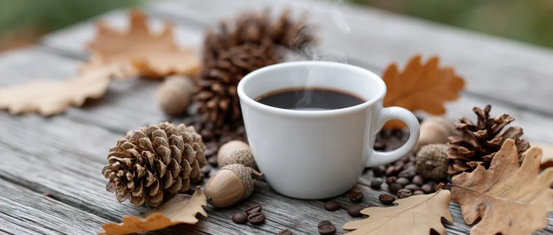 Steaming coffee mug surrounded by pinecones and autumn leaves on a weathered wooden table