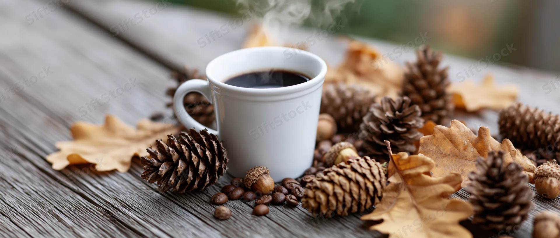 White ceramic mug of steaming black coffee surrounded by pinecones and autumn leaves on a weathered wooden table