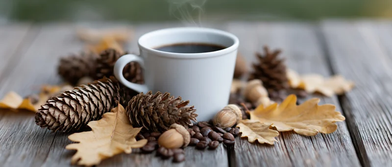 White ceramic mug of black coffee with steam surrounded by pinecones and autumn leaves on a wooden table