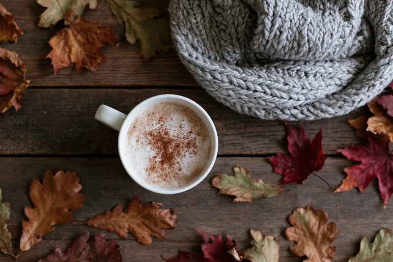 White ceramic mug of frothy cappuccino with cinnamon dusted on top, surrounded by autumn leaves and a gray knitted scarf on a wooden table