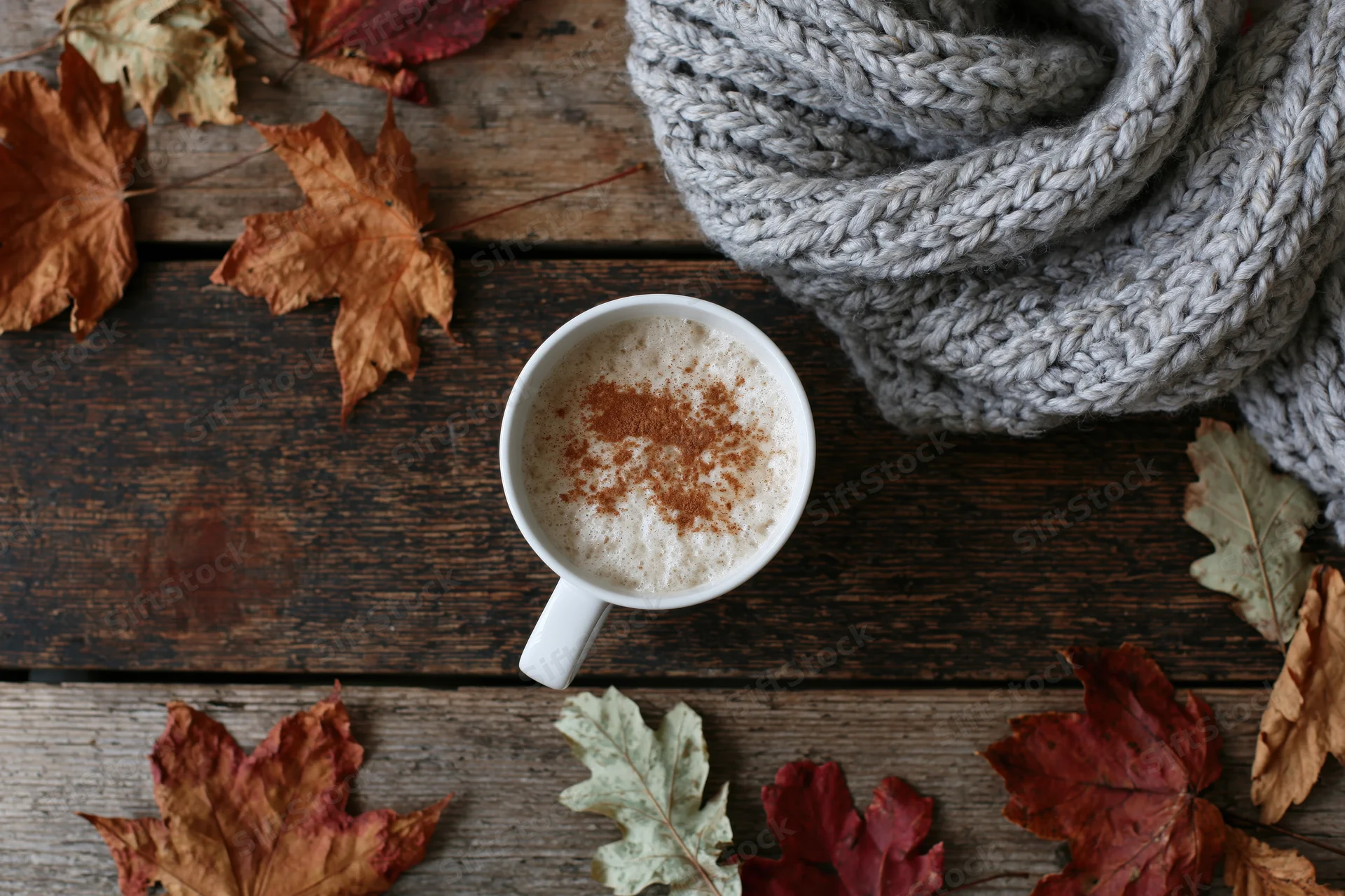 White ceramic mug of frothy cappuccino with cinnamon dusted on top on wooden table surrounded by autumn leaves and gray knitted scarf