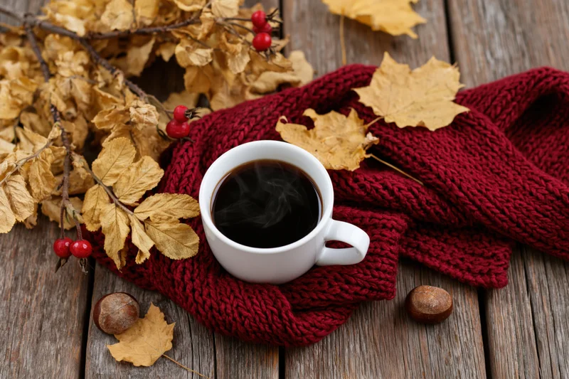 Steaming coffee mug on a red knitted scarf with autumn leaves and berries on a wooden table