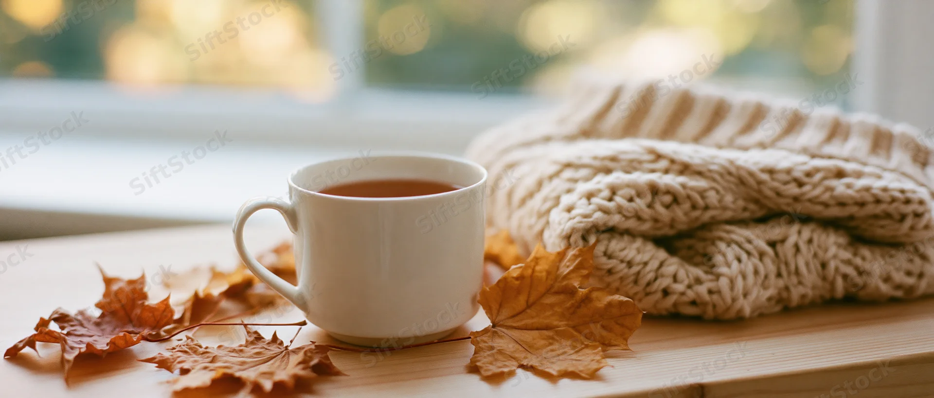 White ceramic mug of tea on wooden surface beside knit sweater and autumn leaves near window