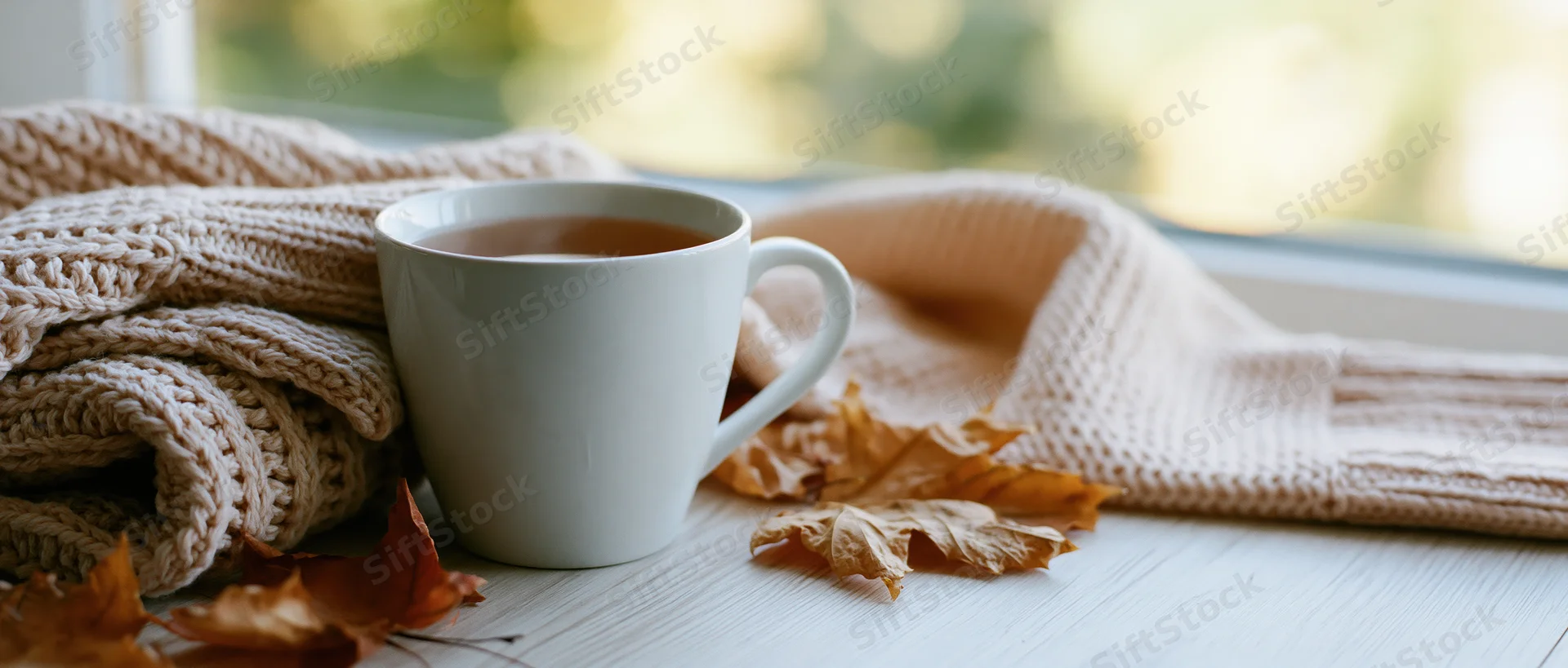 White ceramic mug of tea beside knitted sweater and autumn leaves on wooden surface near window