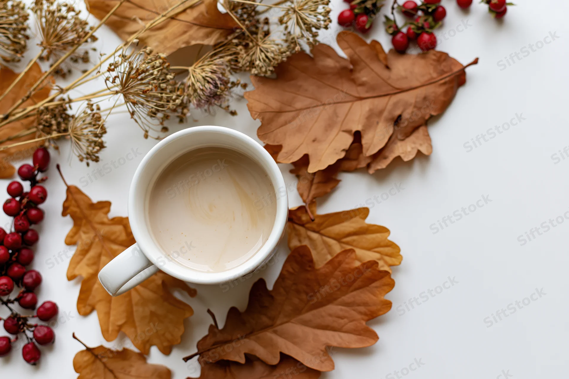 White ceramic mug of milky coffee surrounded by dried autumn leaves and red berries on a white surface
