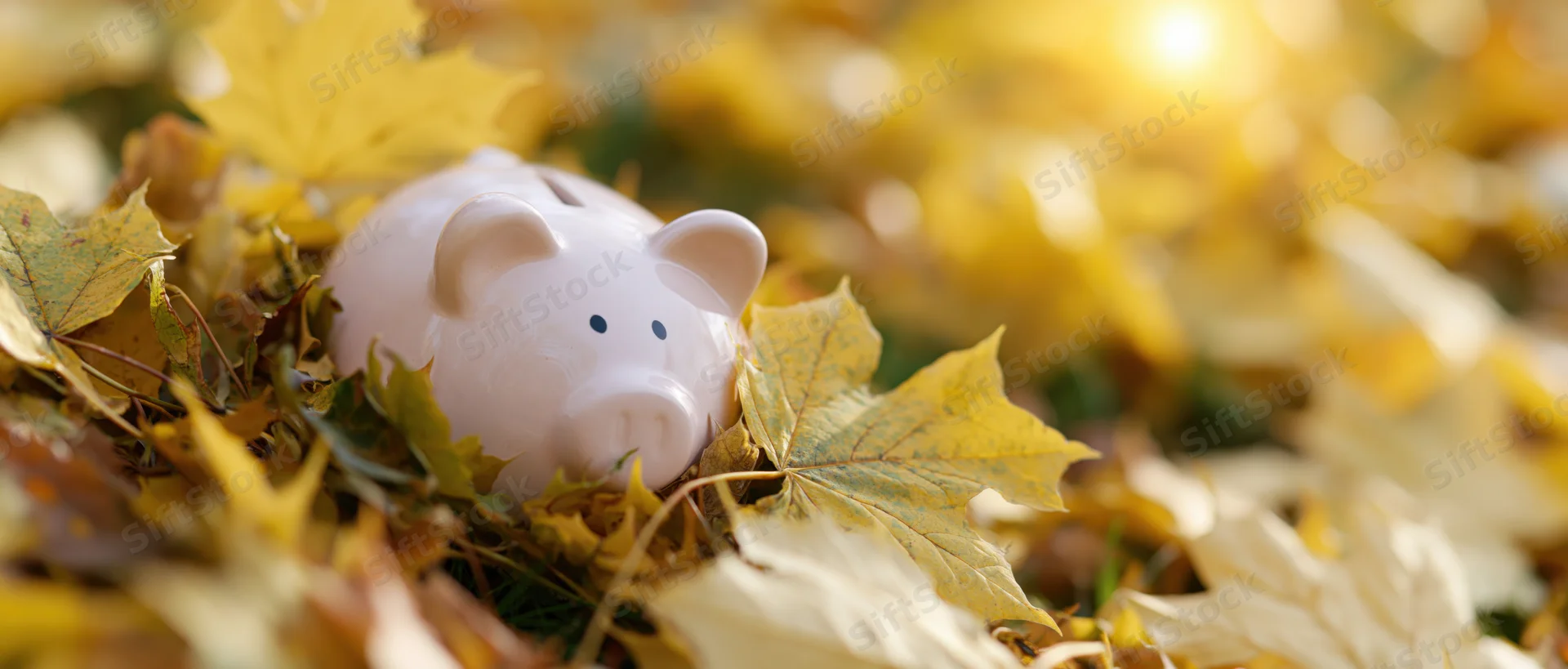 White ceramic piggy bank nestled among fallen autumn leaves on grass in sunlight