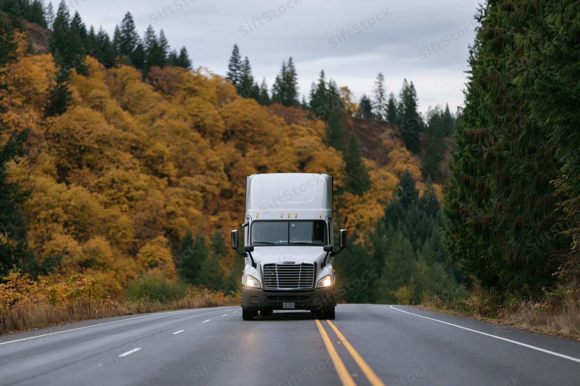 White semi-truck driving toward camera on a two-lane rural highway lined with autumn trees