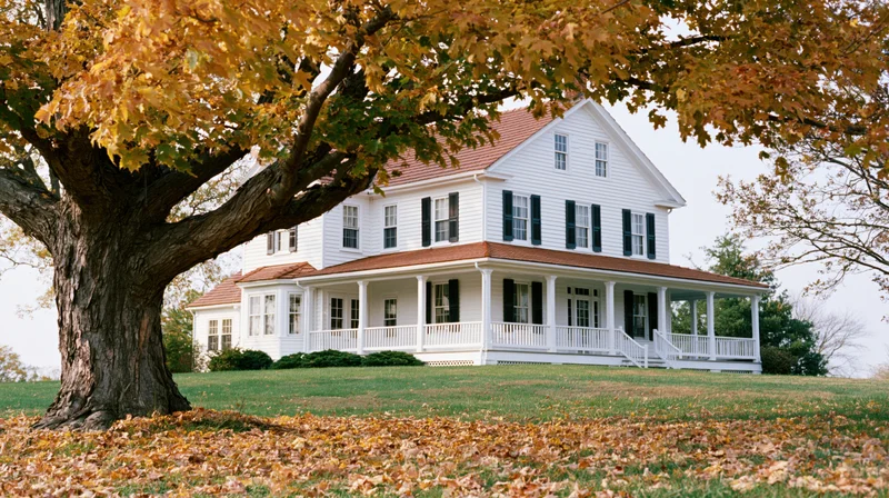 White two-story farmhouse with wraparound porch and autumn foliage on a grassy lawn