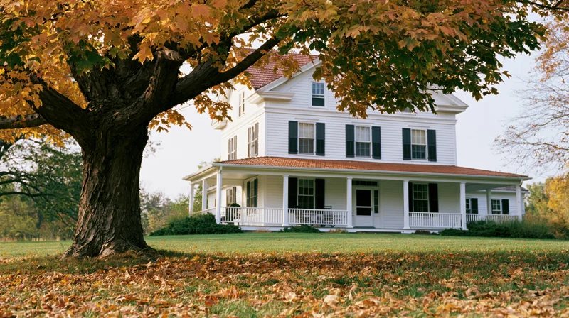 White two-story farmhouse with wraparound porch and autumn tree in front lawn