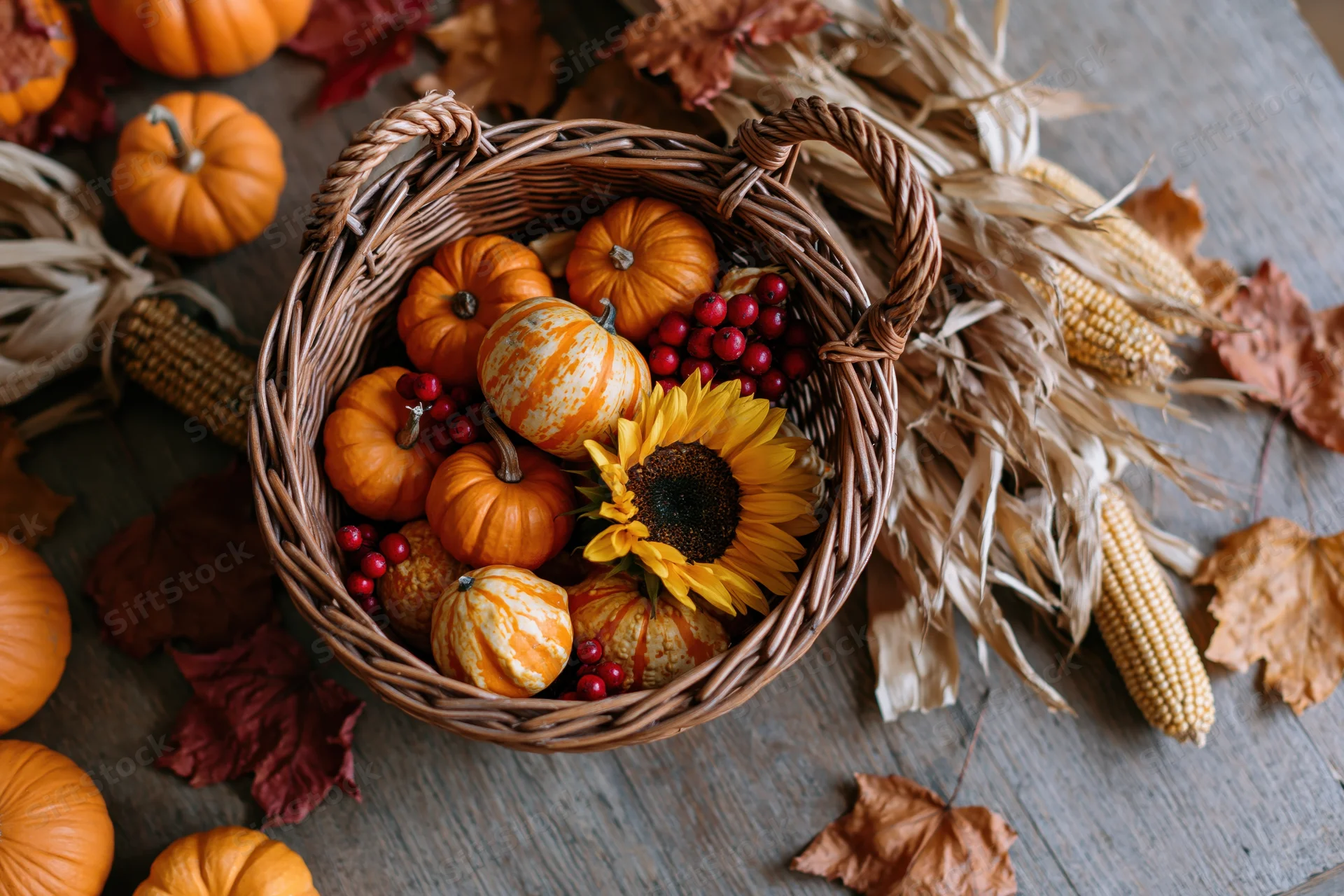 Wicker basket filled with small pumpkins, gourds, berries, and a sunflower on a wooden table surrounded by cornstalks and autumn leaves