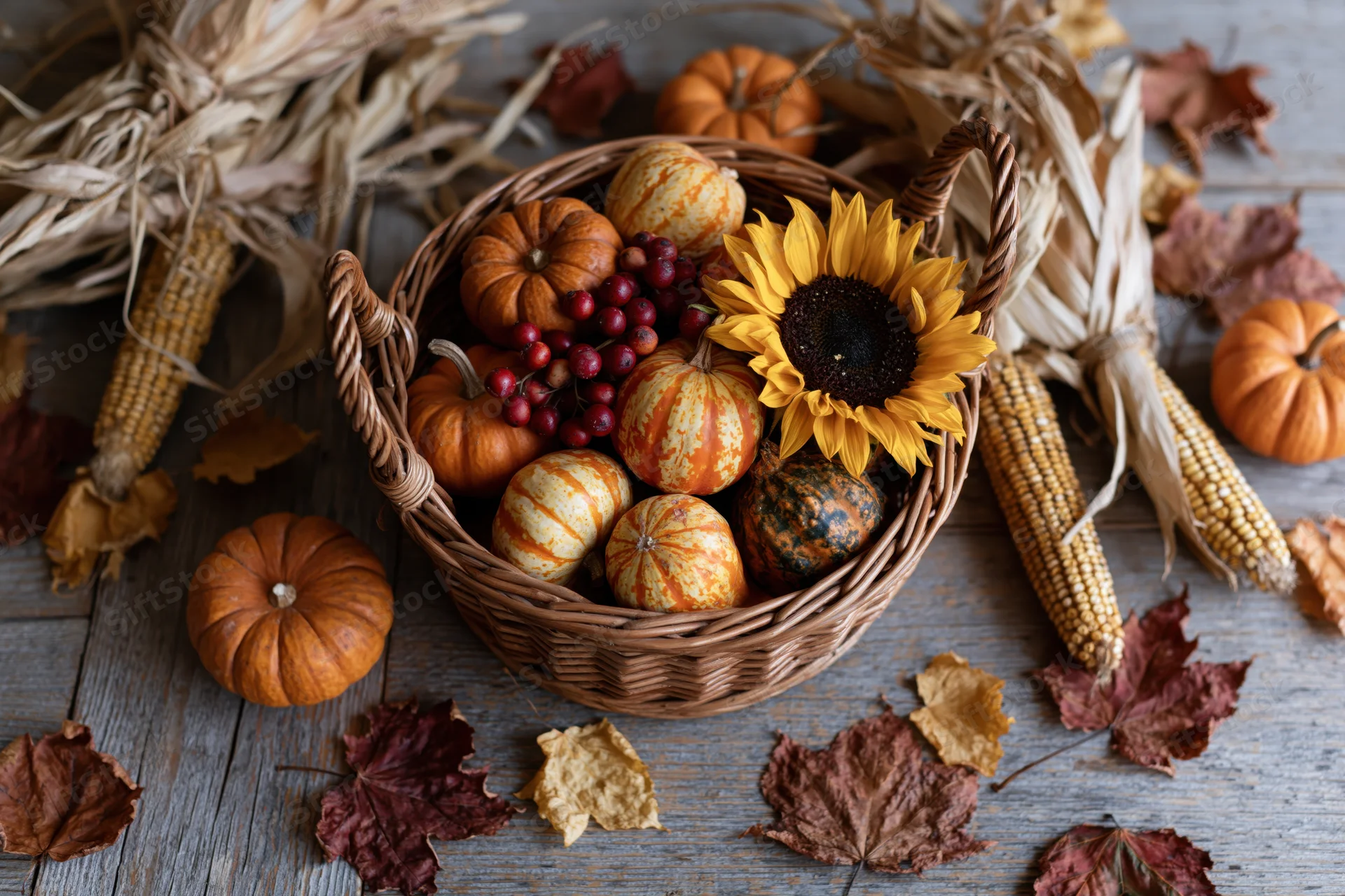 Wicker basket filled with small pumpkins, gourds, and a sunflower surrounded by cornstalks and autumn leaves on a wooden table
