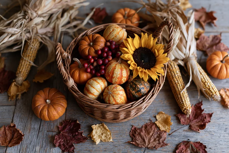 Wicker basket filled with small pumpkins, gourds, and a sunflower surrounded by cornstalks and autumn leaves on a wooden table