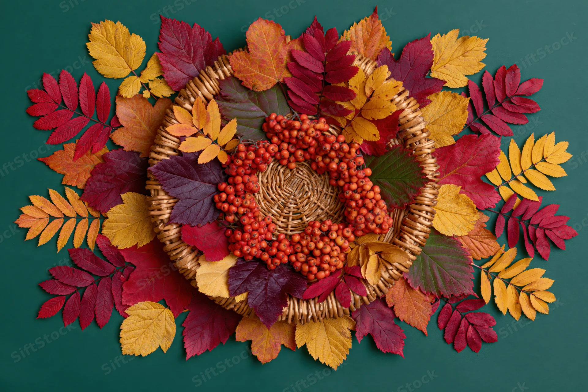 Wicker basket filled with rowan berries and autumn leaves arranged on a green surface