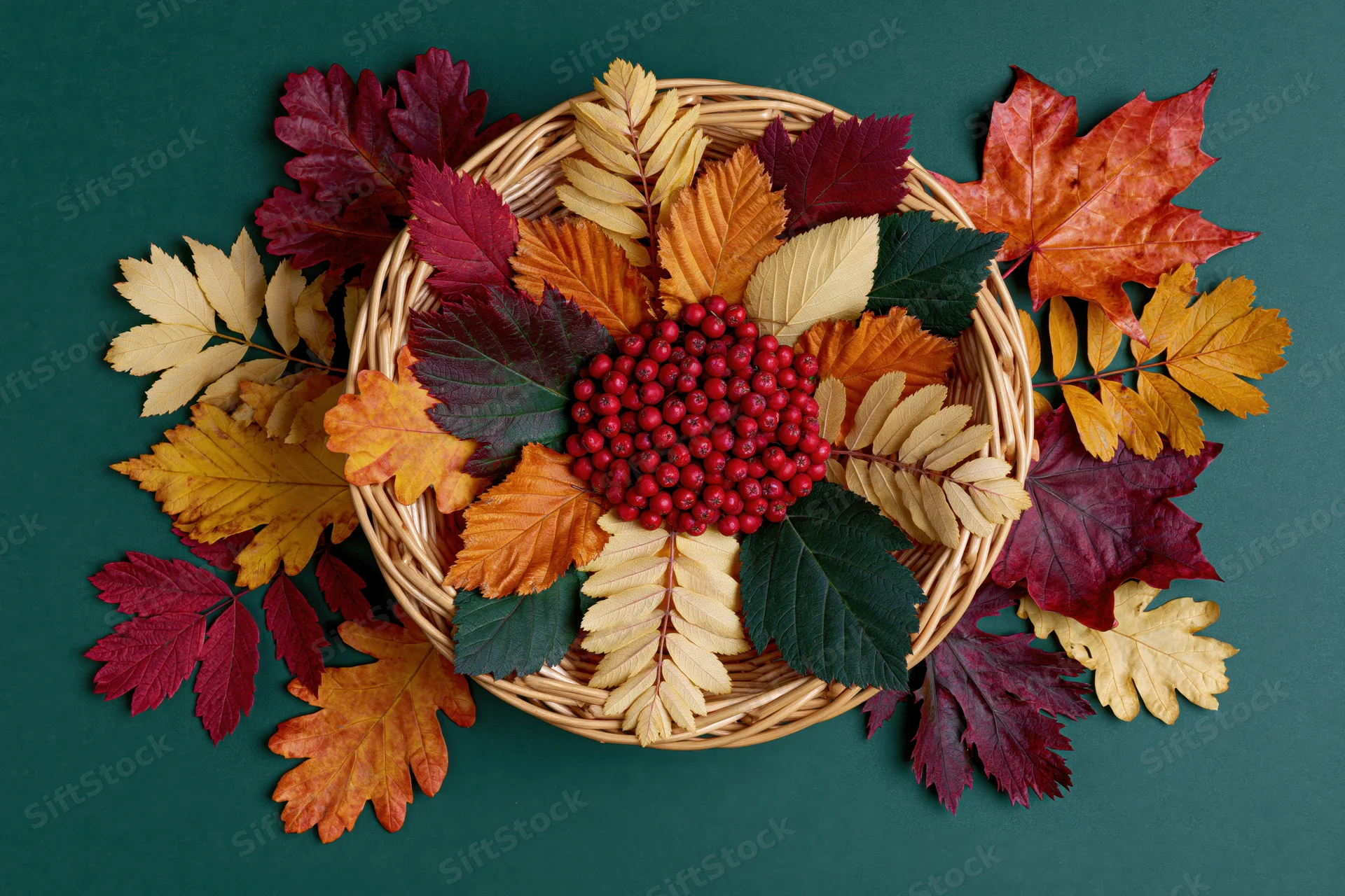 Wicker basket filled with colorful autumn leaves and red berries arranged on a dark green surface