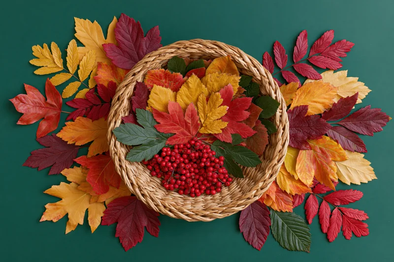 Wicker basket filled with colorful autumn leaves and red berries arranged on green background