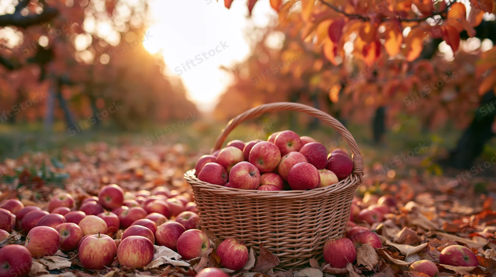 Wicker basket overflowing with red and yellow apples on leaf-covered ground in an orchard at sunset