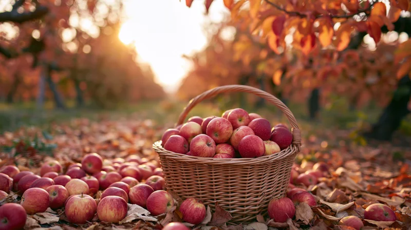 Wicker basket overflowing with red and yellow apples on leaf-covered ground in an orchard at sunset