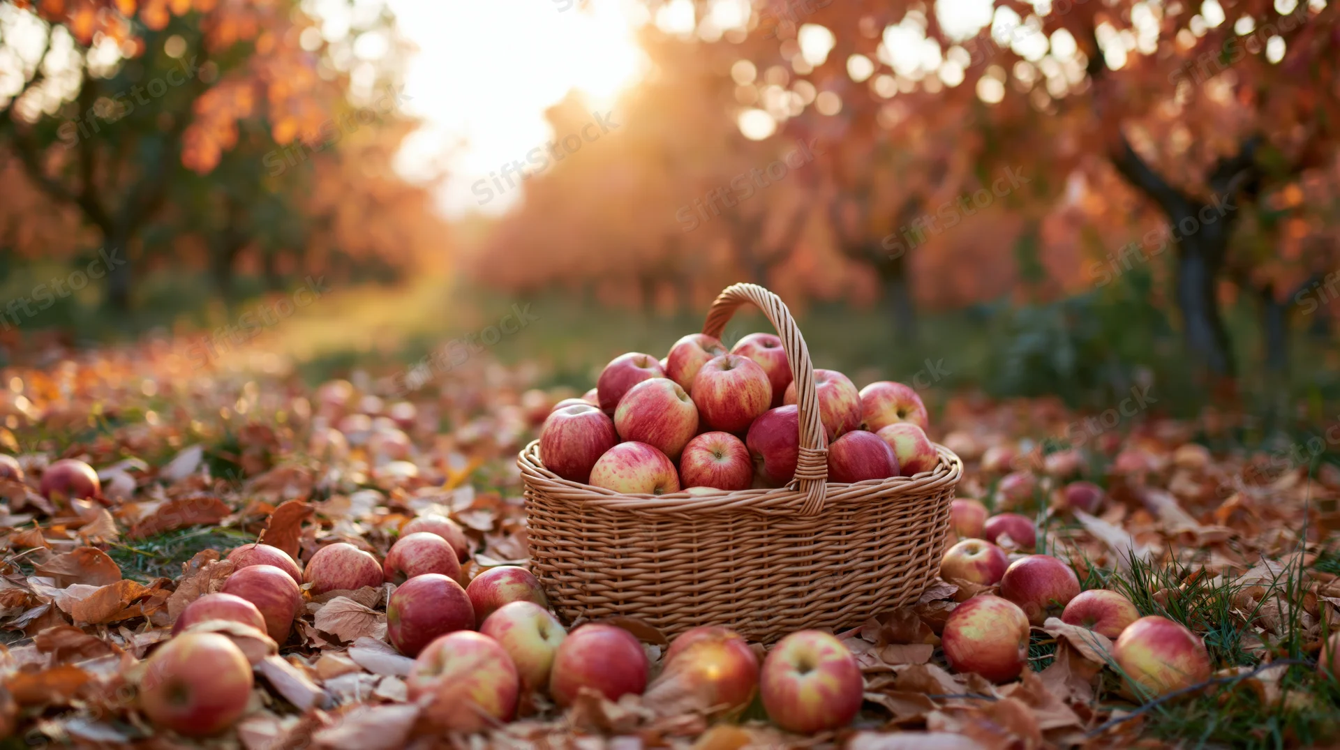 Wicker basket overflowing with red and yellow apples on leaf-covered ground in an orchard at sunset