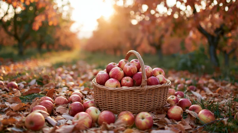 Wicker basket overflowing with red and yellow apples on leaf-covered ground in an orchard at sunset