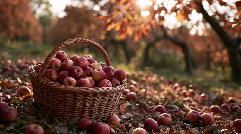 Wicker basket overflowing with red and yellow apples on ground in orchard at autumn sunset