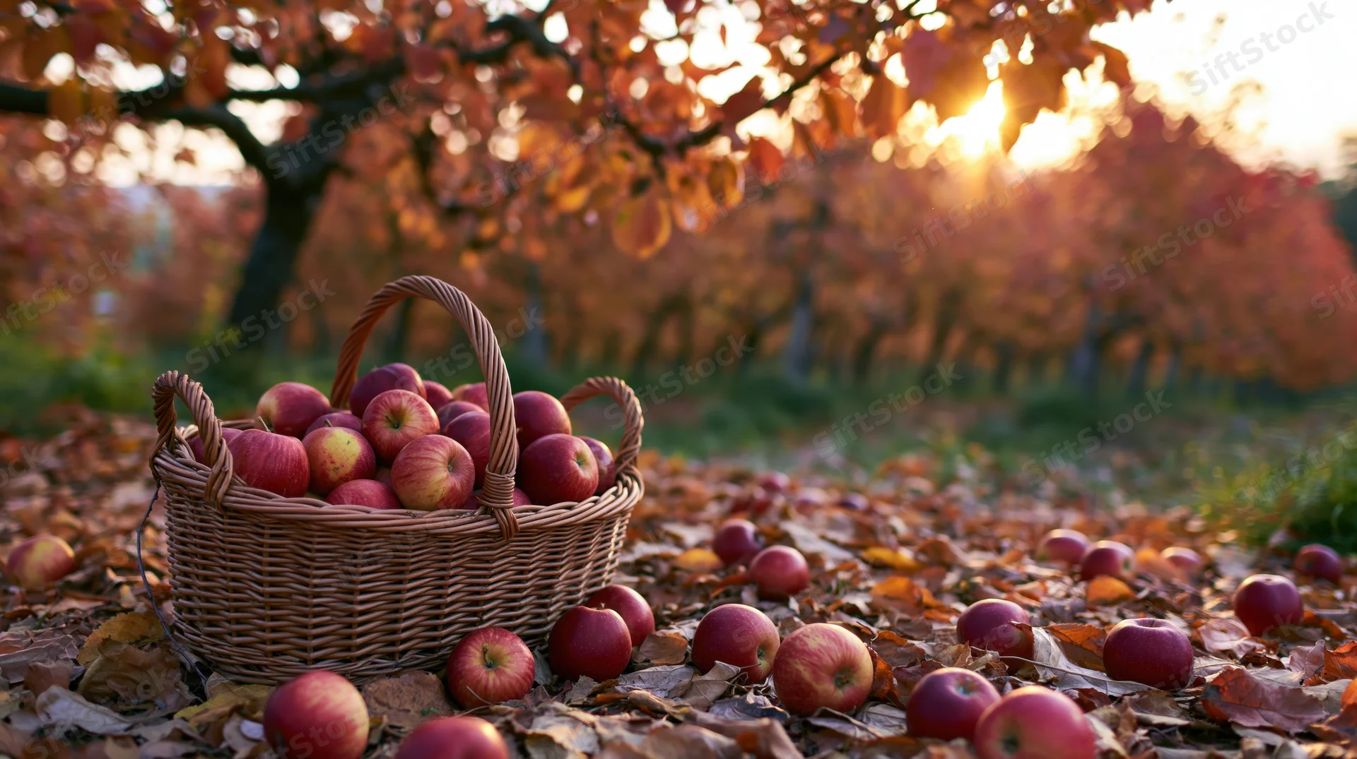 Wicker basket filled with red and yellow apples on leaf-covered ground in an orchard at sunset