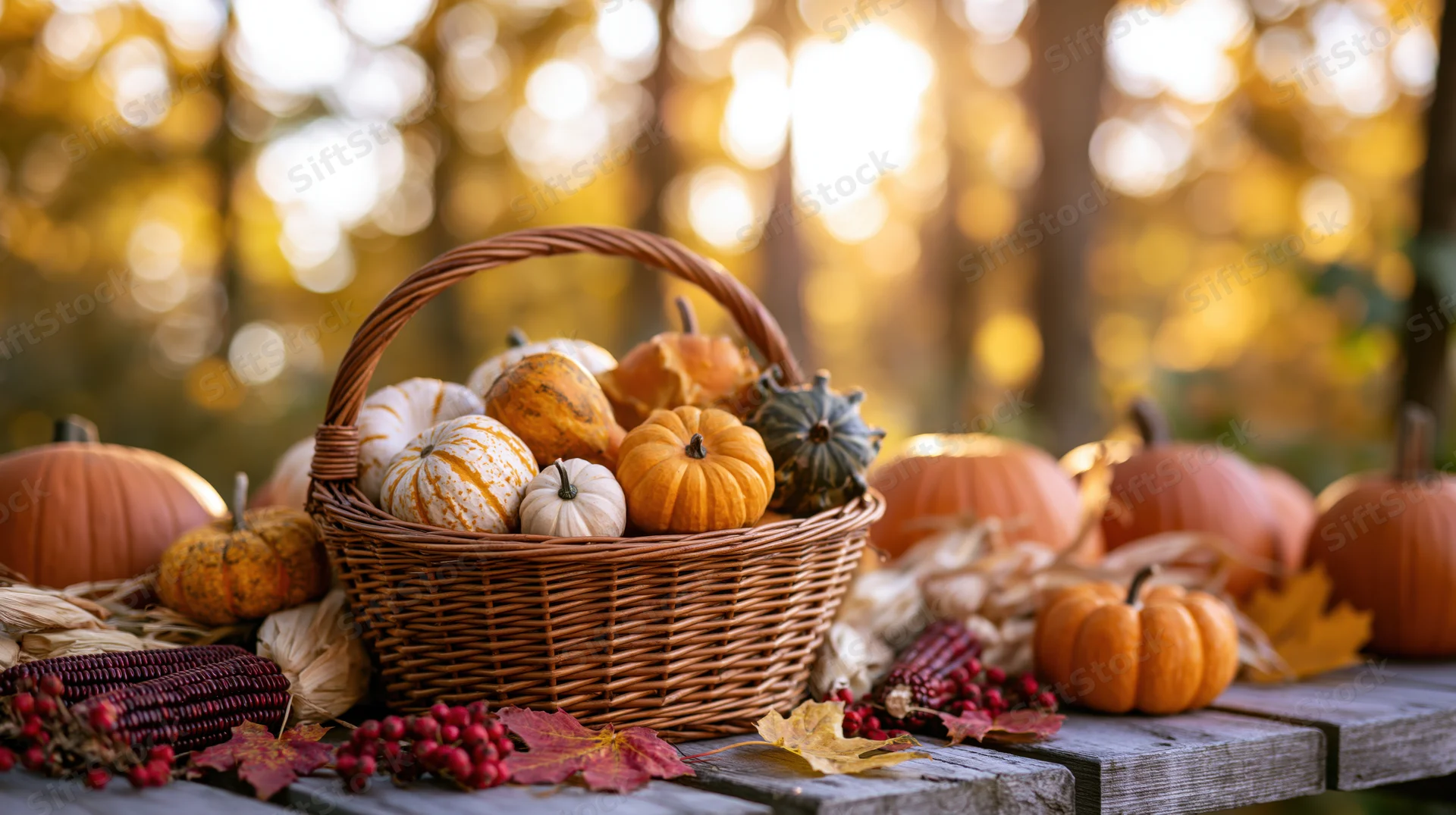 Wicker basket filled with small pumpkins and gourds on a wooden table surrounded by autumn leaves and corn in a forest setting