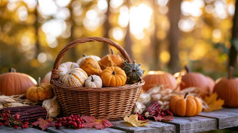 Wicker basket filled with small pumpkins and gourds on a wooden table surrounded by autumn leaves and corn in a forest setting