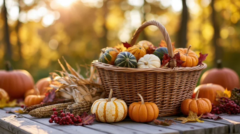 Wicker basket overflowing with small pumpkins and gourds on a wooden table surrounded by cornstalks and autumn leaves in a sunlit outdoor setting