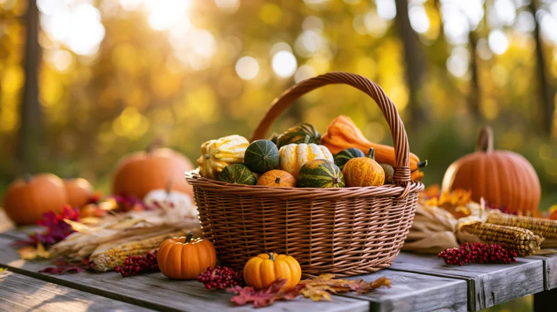 Wicker basket filled with small gourds and squash on a wooden table surrounded by autumn leaves and corn in a forest setting