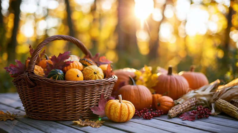 Wicker basket filled with small pumpkins and gourds on a wooden table outdoors in autumn light