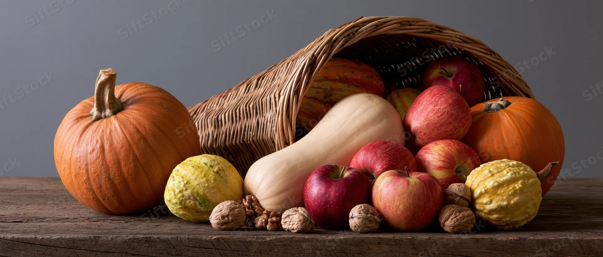Wicker cornucopia tipped on its side spilling pumpkins, apples, squash, and walnuts onto a wooden table