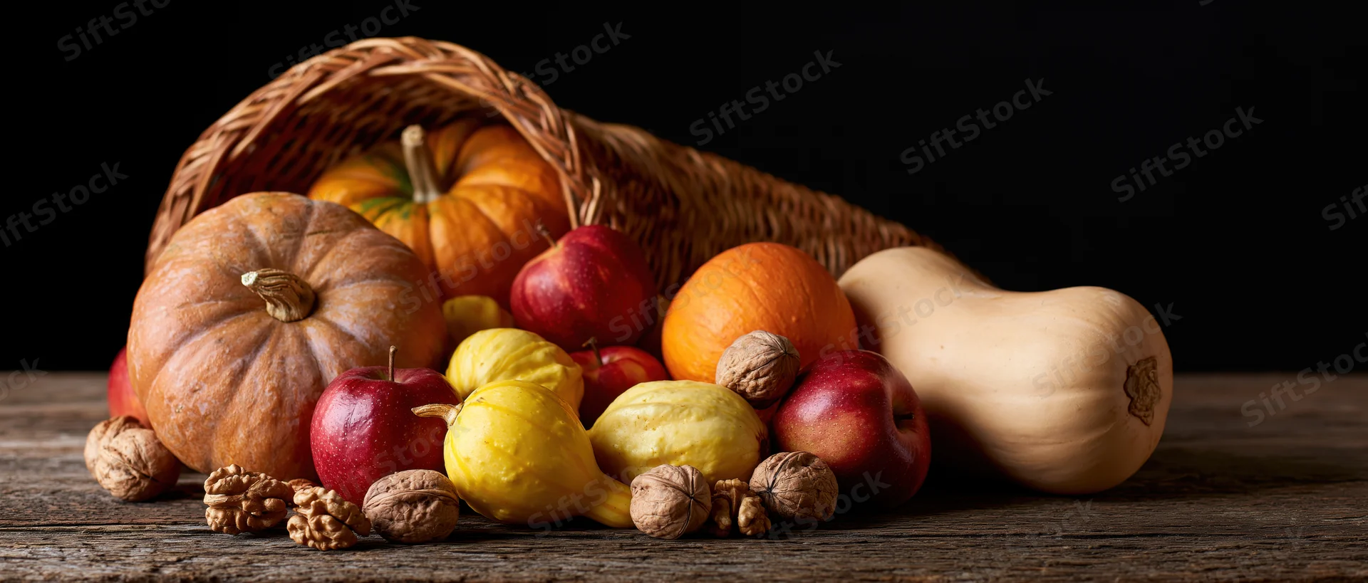 Wicker cornucopia tipped over spilling pumpkins, gourds, apples and walnuts onto a wooden table