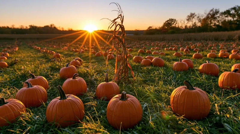 Pumpkins scattered across a grassy field at sunset during autumn harvest