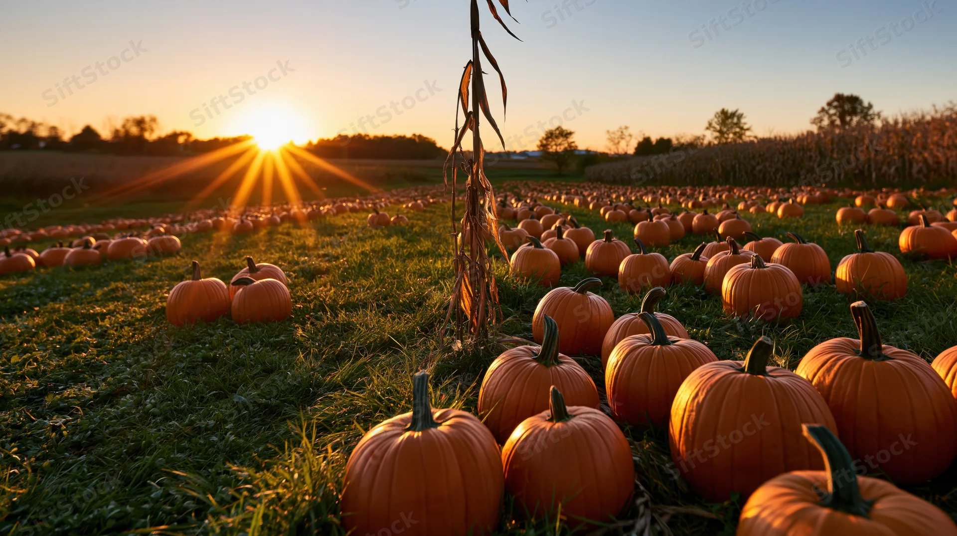 Pumpkins scattered across a grassy field at sunset during autumn harvest