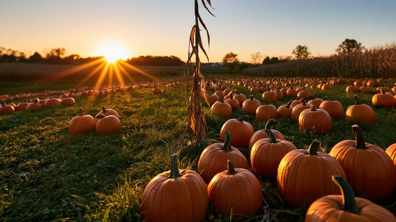 Pumpkins scattered across a grassy field at sunset during autumn harvest