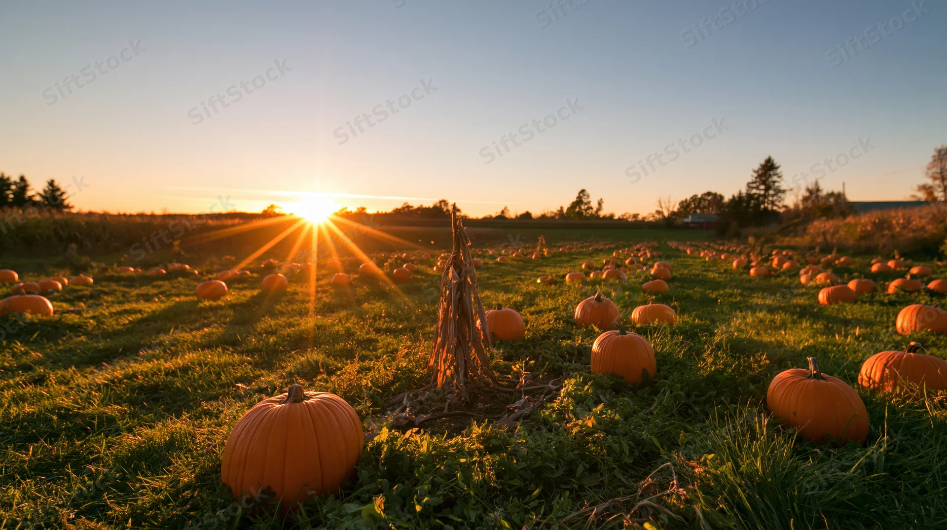 Pumpkin patch at golden hour with sun low on horizon over grassy field