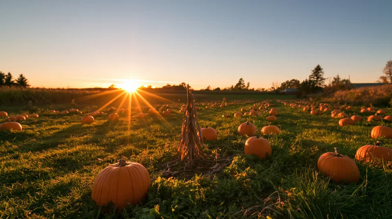 Pumpkin patch at golden hour with sun low on horizon over grassy field