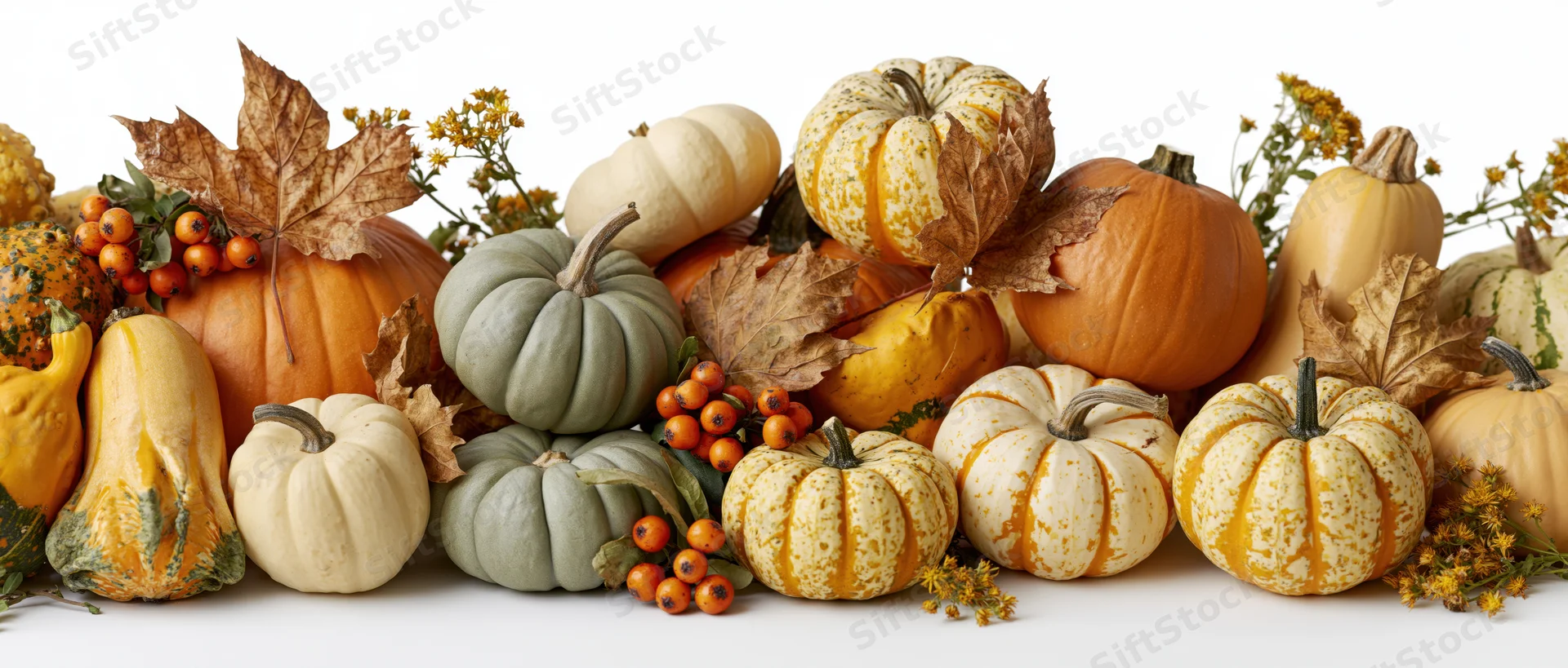 Wide horizontal arrangement of assorted pumpkins and gourds with dried leaves and berries on white background