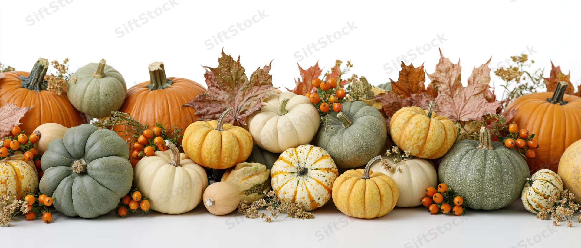 Wide horizontal arrangement of assorted pumpkins and gourds with autumn leaves and berries on white background