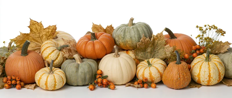 Wide horizontal arrangement of assorted pumpkins and gourds with autumn leaves and berries on white background