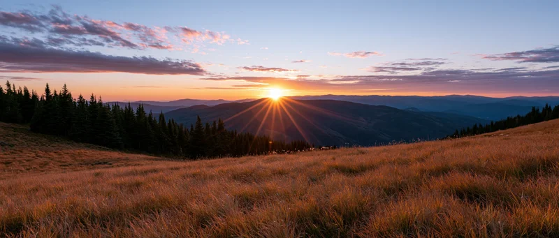 Wide panoramic view of an alpine meadow at sunset with mountains and pine trees in the distance