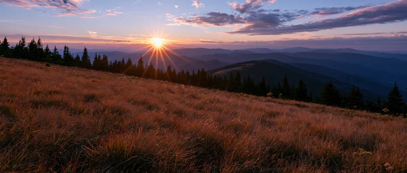 Wide panoramic view of an alpine meadow at sunset with golden grass and distant mountains under a cloudy sky