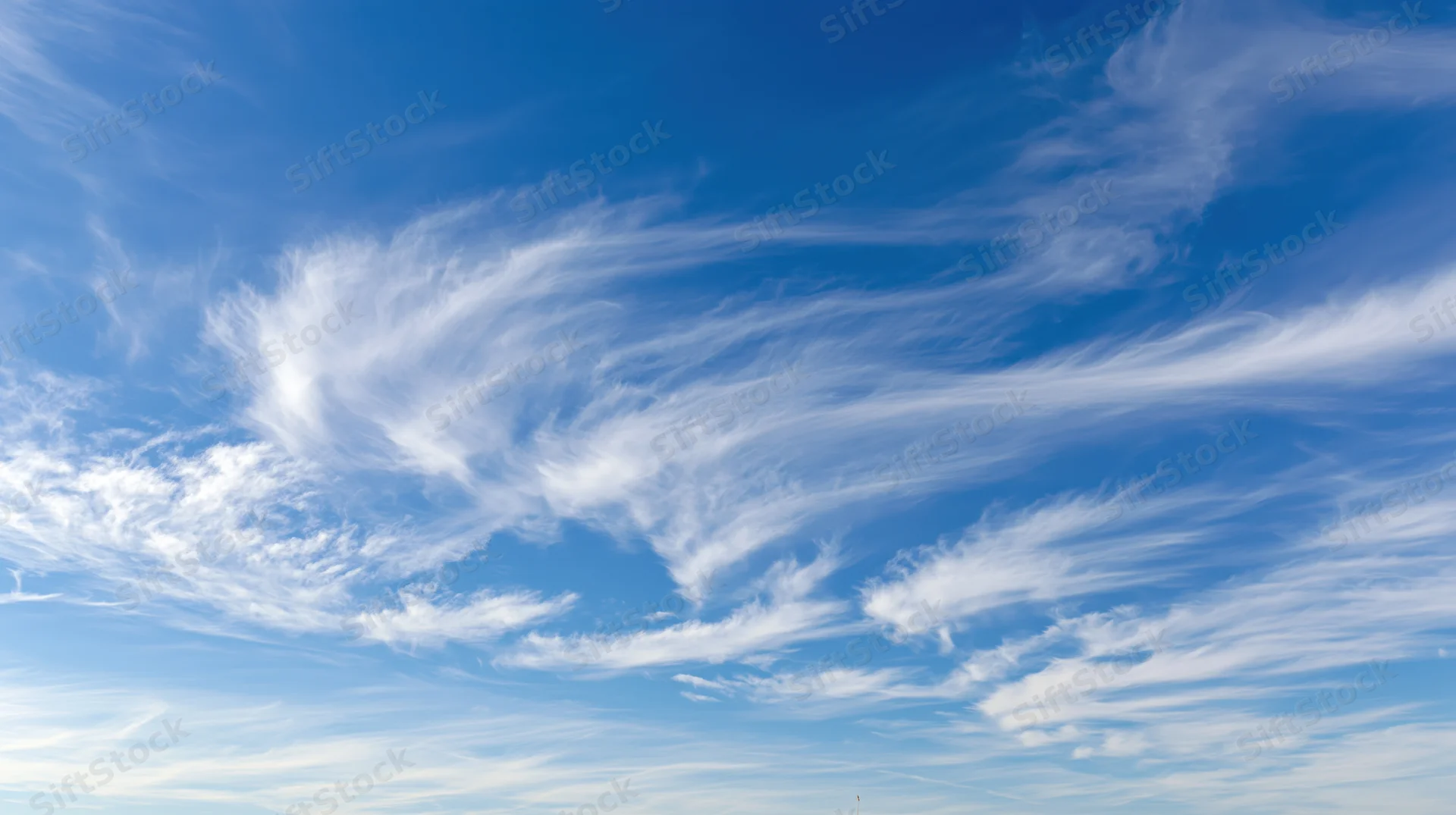 Wide panoramic view of open daytime sky filled with wispy cirrus clouds